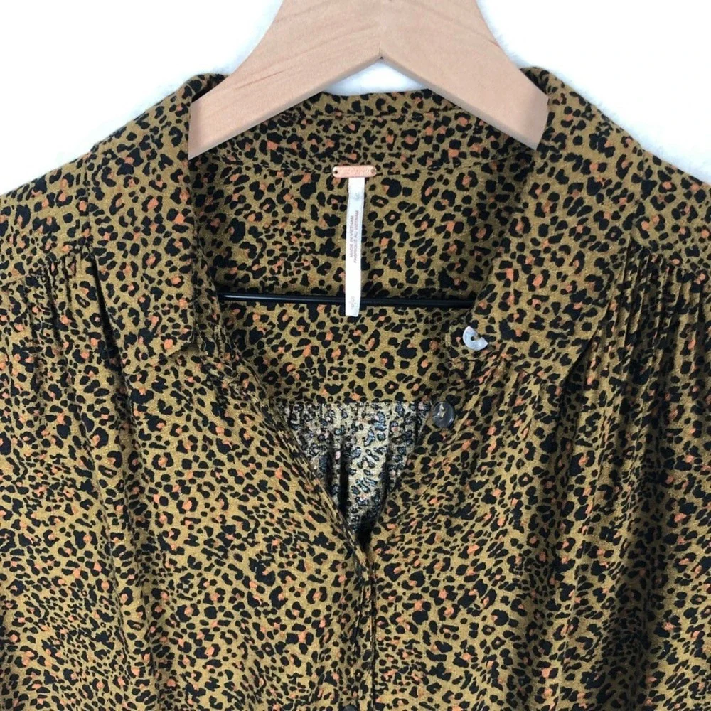 FREE PEOPLE Leopard Print Tie Front Button Down Puff Sleeve Top Sz S Brown